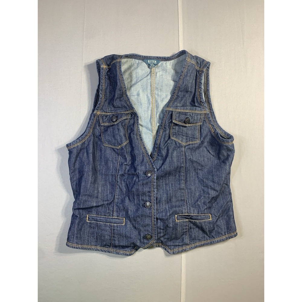 Bitten By SJP Denim Vest Womens Medium Blue Button Front Pockets Size XL